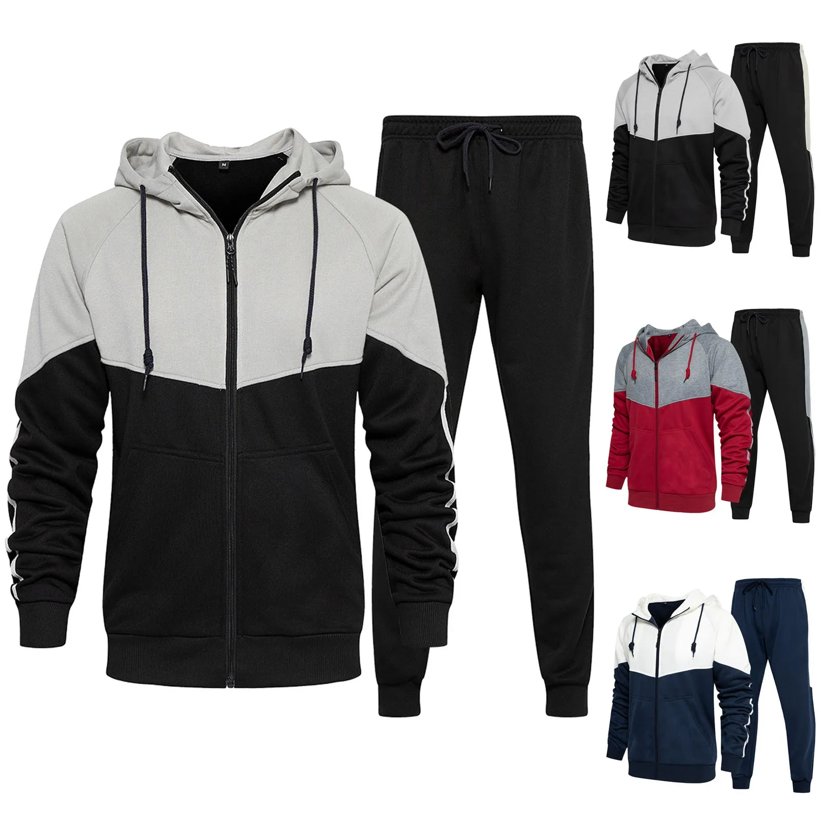 

2021 Men’s Patchwork Jacket Trousers Fitness Sets Sweatshirt Autumn Winter Long Sleeve Zipper Hooded Plus Size Coat Pants Hommes
