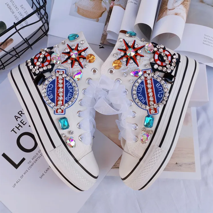 Girls high-top canvas shoes lace-up sneakers women's shoes casual shoes brand design pirate logo rhinestone hip hop Harajuku