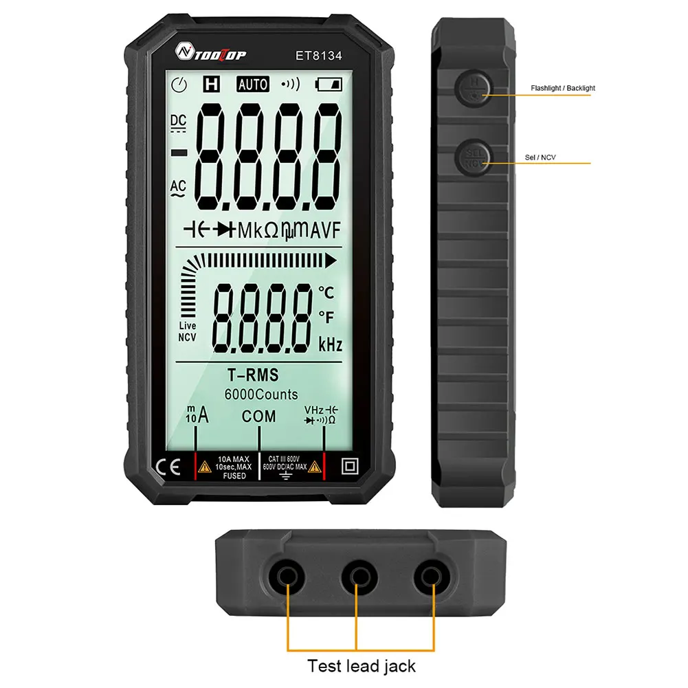 

Цифровой мультиметр ET8134 NCV с ЖК-дисплеем и подсветкой, Автоматический диапазон, 6000 отсчетов, Вольтметр постоянного и переменного тока, ампер...