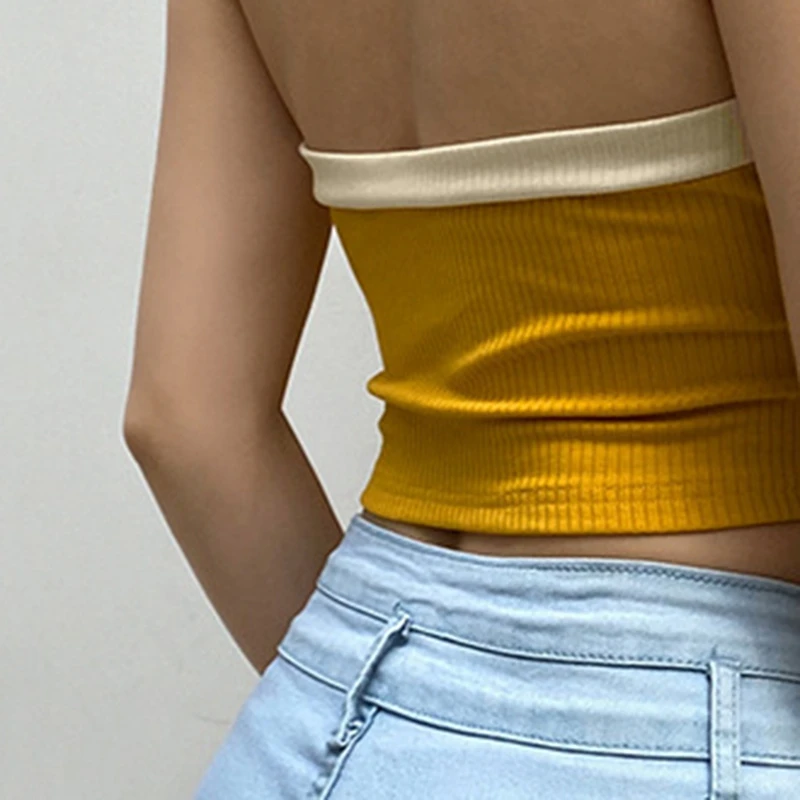 

Women's Short-Breasted Lapel Halterneck Vest Halter Bottoming Knit Top Yellow