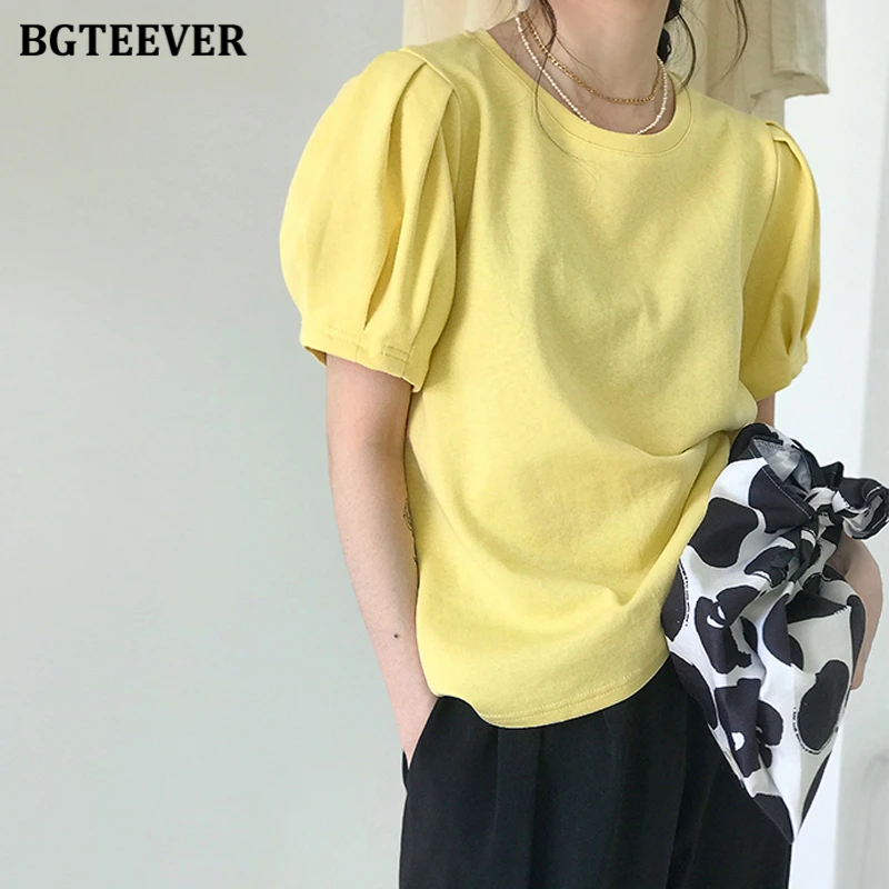 

Женская хлопковая Футболка BGTEEVER, белая однотонная футболка с пышными рукавами, о-образным вырезом, Свободный пуловер, 2021