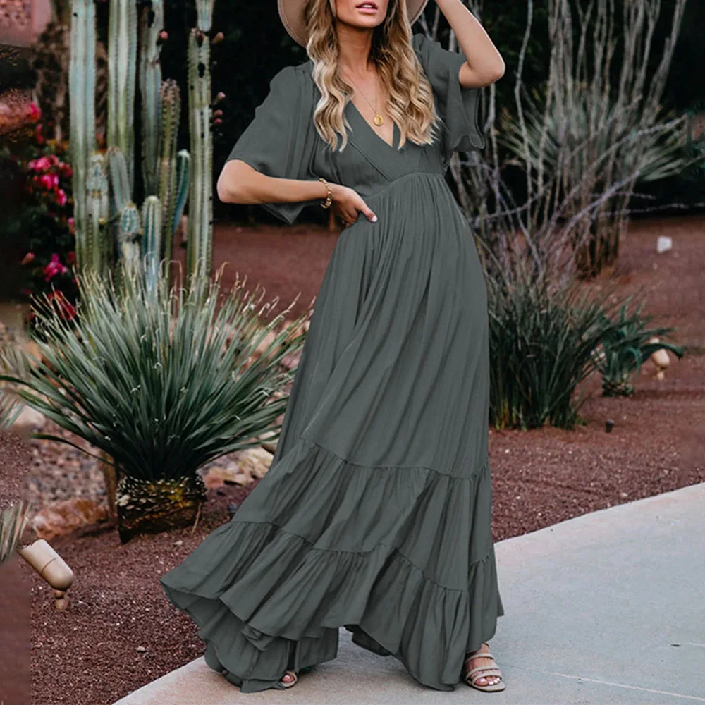 

Spring Summer 2021 New Western Style Fashion V-neck Solid Color Women's Dress Loose Casual High Waist Swing Summer