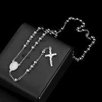 classic silver color rosary beads chain cross crucifix religious catholic hip hop rapper stainless steel necklace womens mens