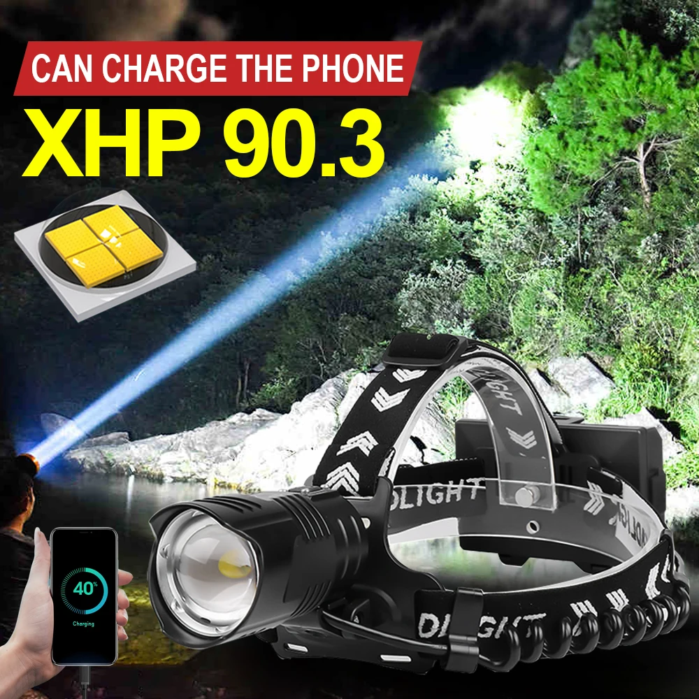 400000LM XHP90.3 Мощный светодиодный налобный фонарь usb XHP70 головная вспышка светильник