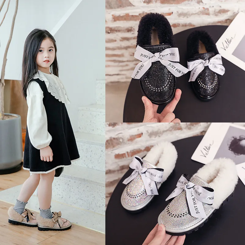 

Детская теплая Осенняя праздвечерние чная обувь с кристаллами для девочек