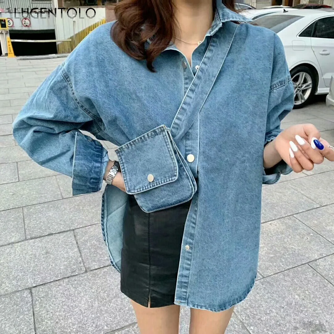 

Lugentolo Denim Shirt Women Lace Up Solid Wear Both Sides Personality Fashion Korean Long Sleeve Turn-down Collar Women Tops