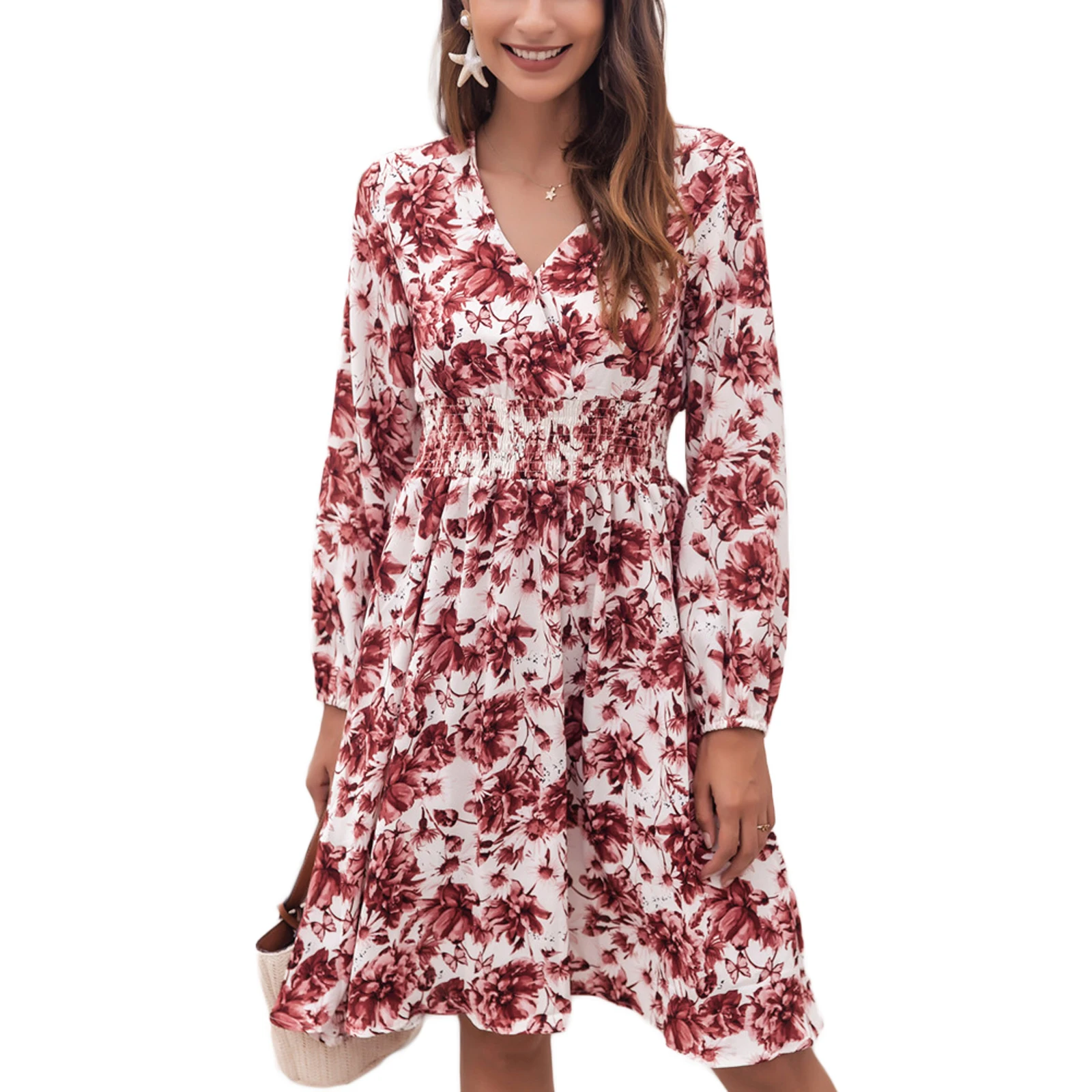 

Женское платье с V-образным вырезом, длинным рукавом и цветочным принтом