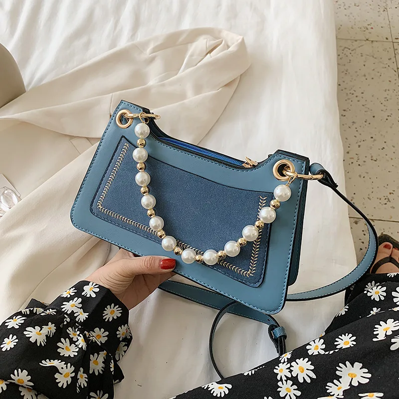 

2020 New Summer Scrub Leather Baguette Bag Pearl Chain Female Shoulder Bag Sac A Main Femme Ladies Zipper Handbags Bolsos Mujer