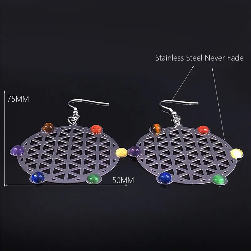 

Seven Color Chakra Yoga Flower of Life Stainless Steel Natural Stone Opal Silver Color Earring Jewelry boucle d'oreille EXS02