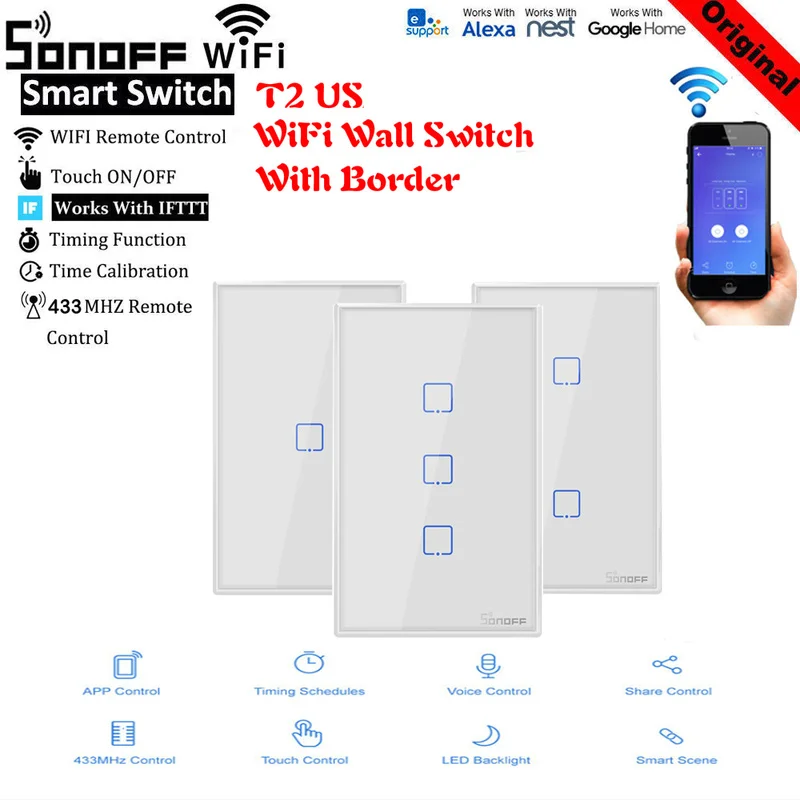 Настенный светильник Sonoff T2 US Wifi сенсорный выключатель 1 2 3 банды умный дом
