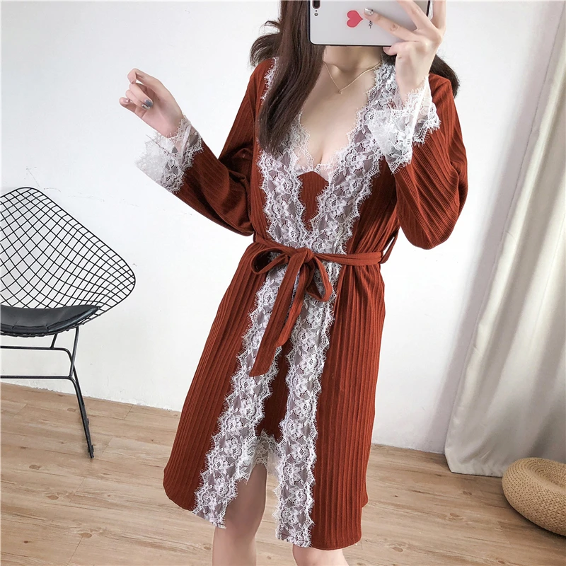 Женский домашний банный халат с кружевами в Корейском стиле на подтяжках