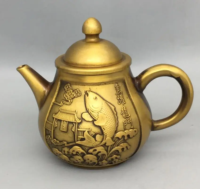 

China brass Fish leaping dragon gate teapot crafte statue