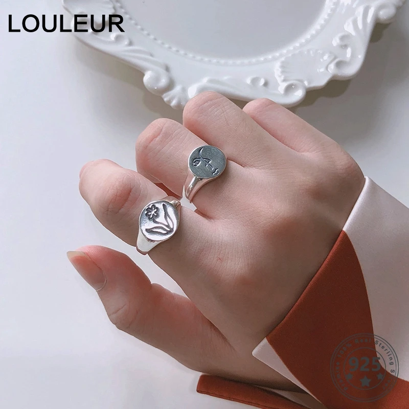 LouLeur 925 пробы серебряные кольца для женщин круглая скульптура человеческое лицо цветок уникальные кольца для сестры элегантные серебряные 925 ювелирные изделия