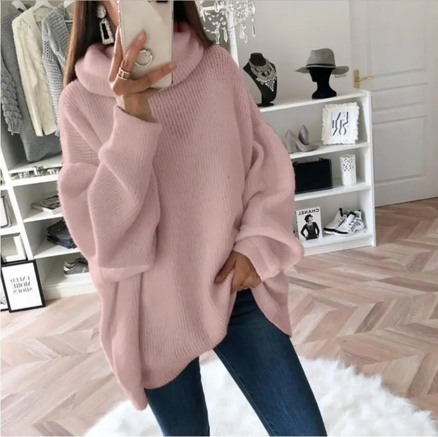 

Women long sleeve turtleneck knitted sweater pull femme oversized sweater fall 2020 white/pink/brown sweaters for women