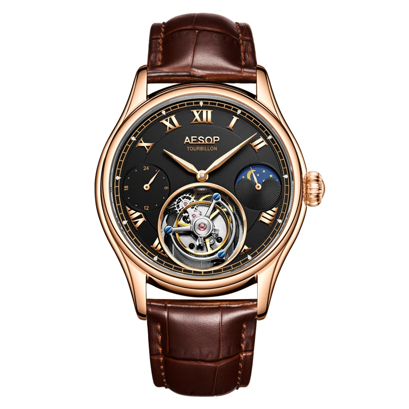 

FASHION BUSINESS MEN TOURBILLON WATCH MECHANICAL HAND WINDING MOONPHASE HIGH-END MENS WRIST WATCHES 24-HOUR SMALL DIAL SAPPHIRE