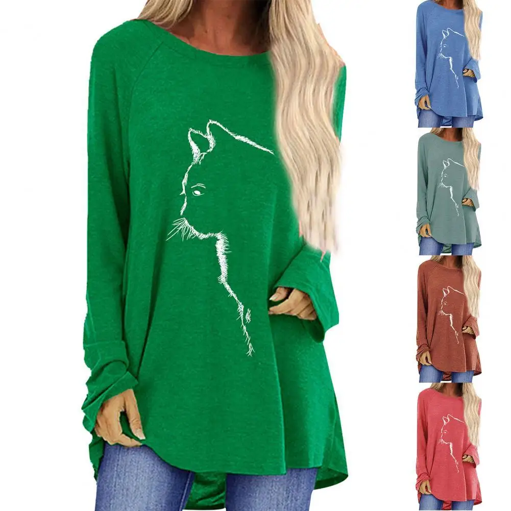 

Women Autumn Long Sleeve Cats Print O Neck Mid-length Loose Blouse Top T-shirt