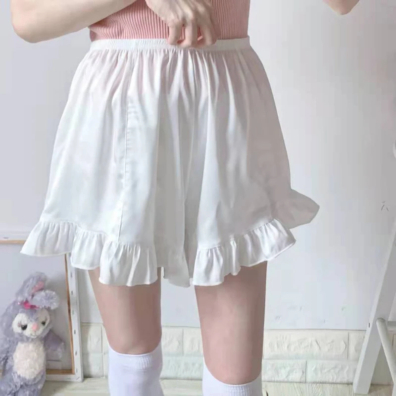 

Summer Elastic Waist Ruffle Cute Shorts Women Thin High Waist Leggings Female Solid Sweet Girl Safety Pants Home Housewife Short