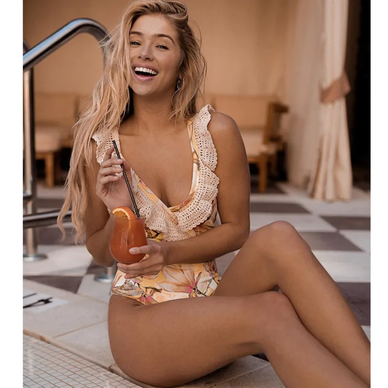 Сексуальный желтый цветочный Цельный купальник закрытый пуш ап плюс размер