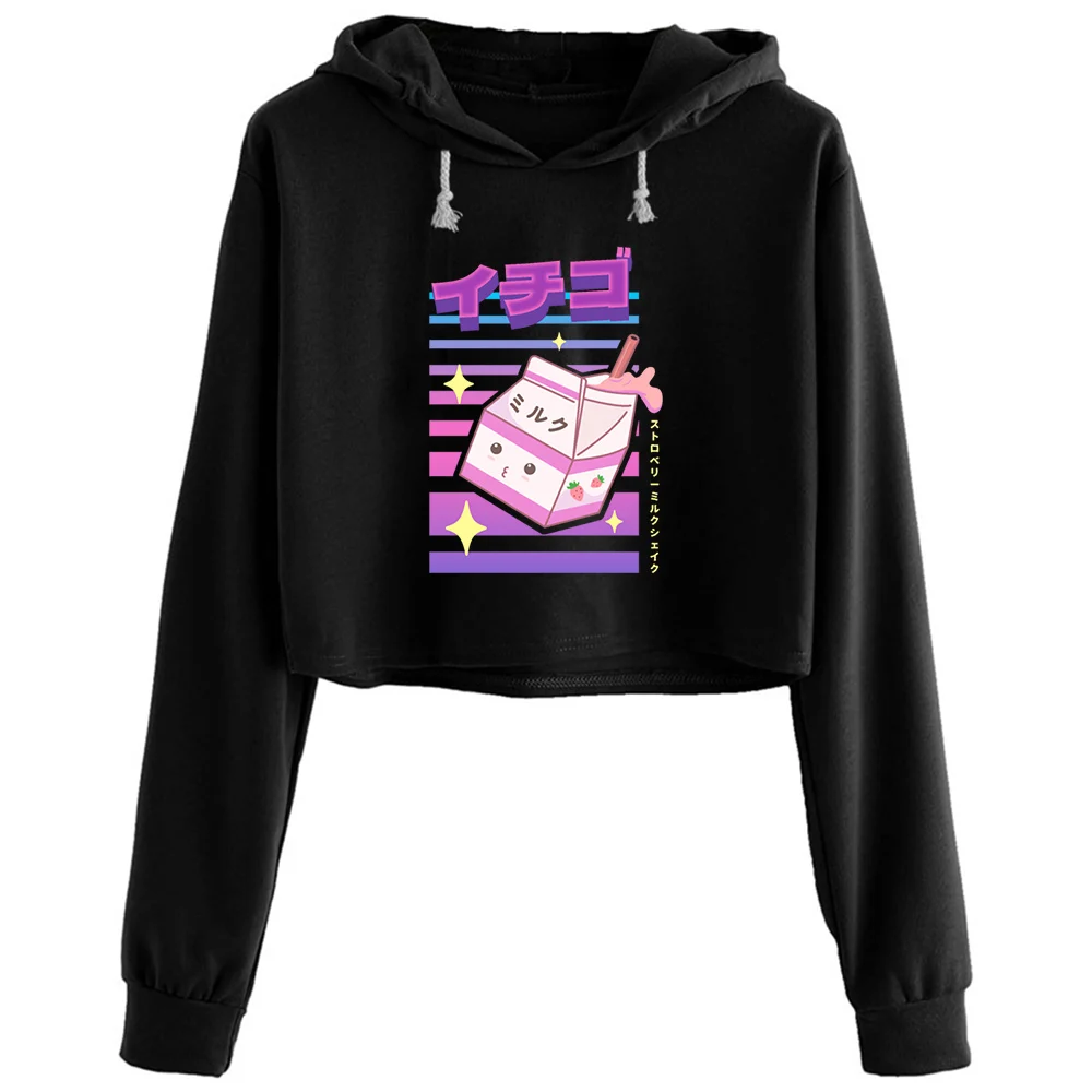 

Japanese Strawberry Milk Print Vaporwave Crop Hoodies Women Anime Emo Aesthetic Kpop Pullover For Girls
