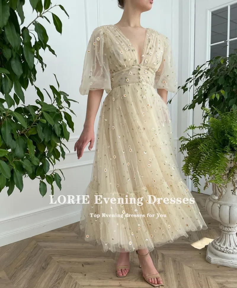 LORIE Vintage Prom Dresses 2021 A-Line V Neck Short Party Gown Long Sleeves Robes de cocktail Dress for Teens Graduation Gown