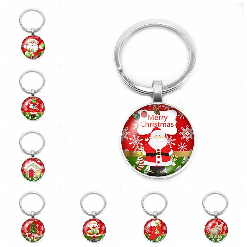 

2019 New Cartoon Santa Claus Key Ring Christmas Deer Keychain 25mm Glass Cabochon Key Ring Children Gift Jewelry