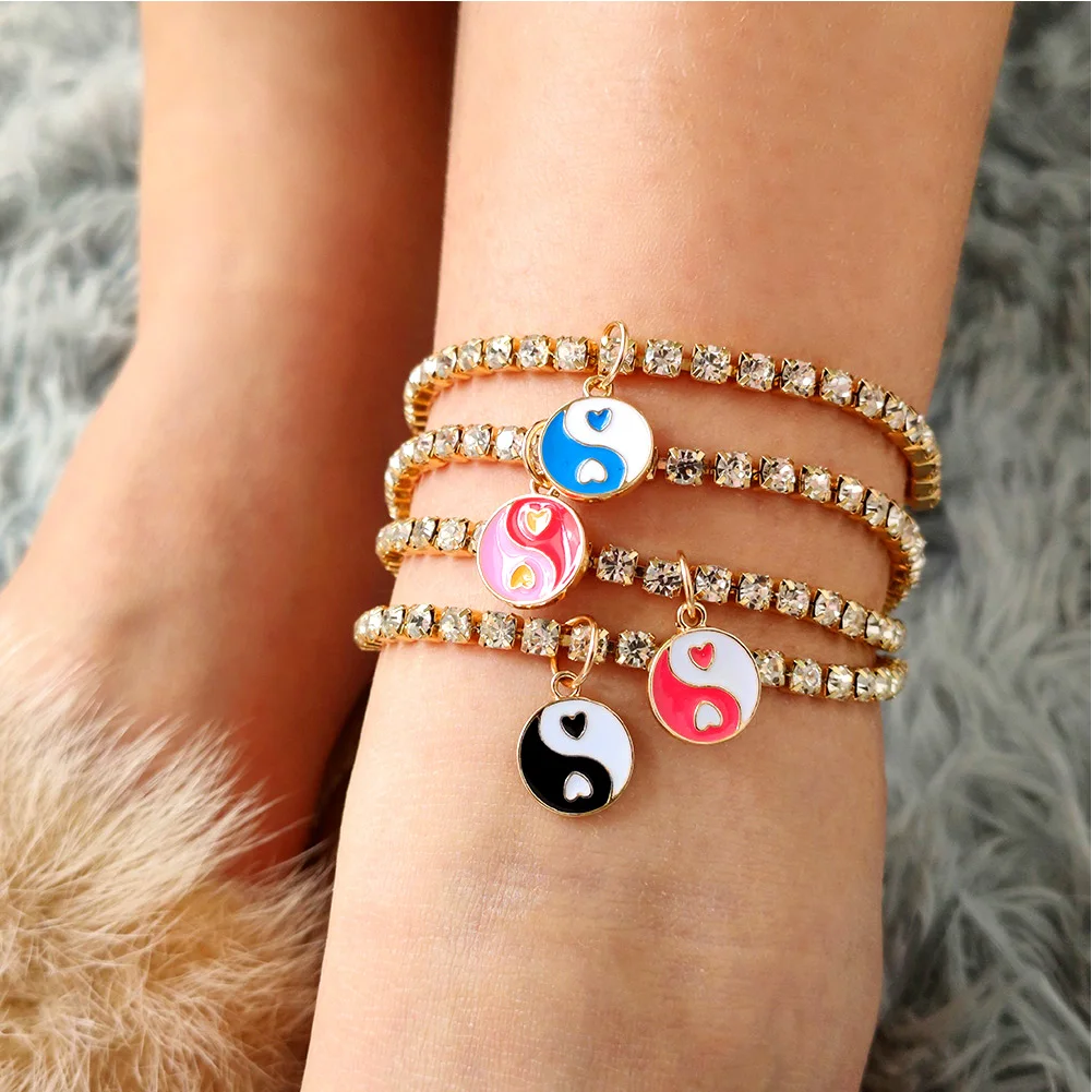 Просто почувствуйте Корея Сияющая Кристалловая цепочка для тенниса для женщин Многоцветный эмаль Янь-йин Круглый геометрический оберег Браслет для ног.