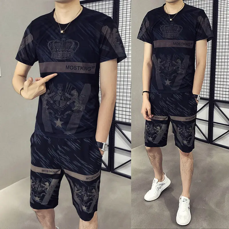 

Printed High Quality New Ice Silk Suit Men 's Summer Student Korean Short-Sleeved Shorts Clothes