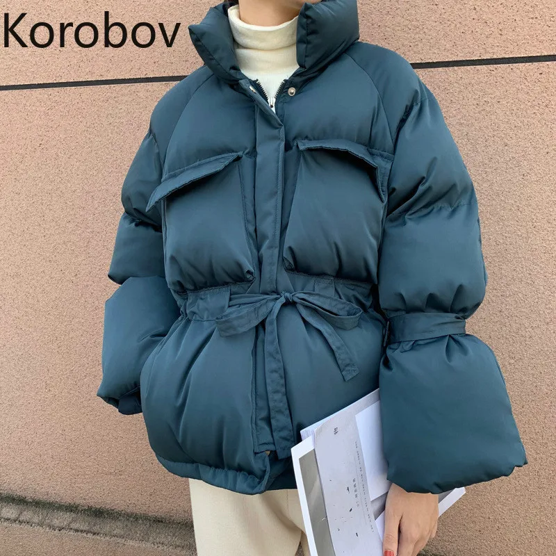 Korobov/Новинка года; Повседневная Верхняя одежда; теплые женские пальто в Корейском стиле с длинными рукавами; однотонные куртки с бантом; элегантный воротник-стойка; парки; 79047