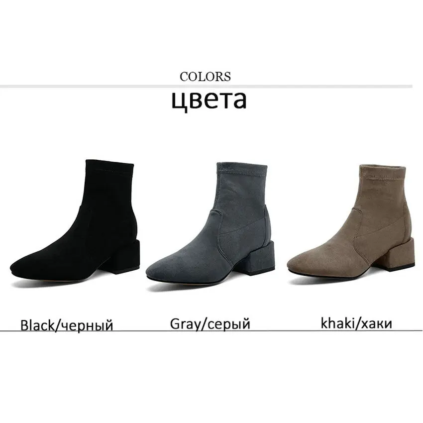 Женские ботильоны из флока QUTAA черные эластичные ботинки на среднем устойчивом