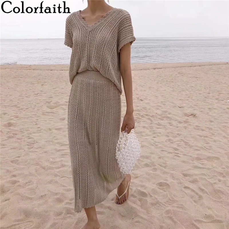 Colorfaith 2020 New Summer Woman 2 Piece Sets Matching Long Skirts High Waist Knitting Casual Fashionable Elegant Suits WS2883 | Женская
