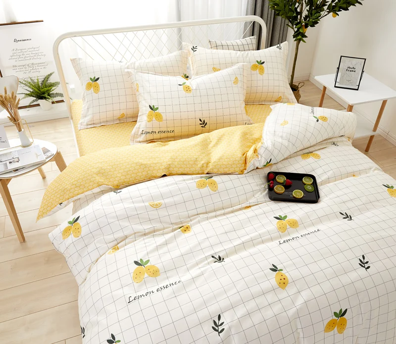 Комплект постельного белья из 4 предметов с желтым лимонным принтом 100% хлопка