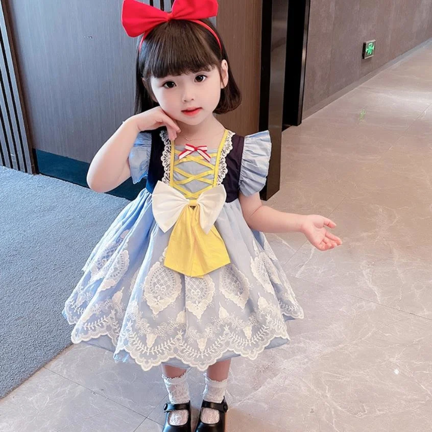 Детская одежда летнее милое кружевное платье без рукавов с бантом и вышивкой