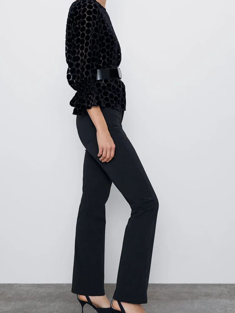 Женская бархатная блузка в горошек с длинным рукавом и круглым вырезом | одежда