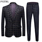 PYJTRL, новый стиль, мужские клетчатые золотистые цветочные узоры, облегающие мужские костюмы с брюками, свадебный смокинг для жениха, костюм певицы