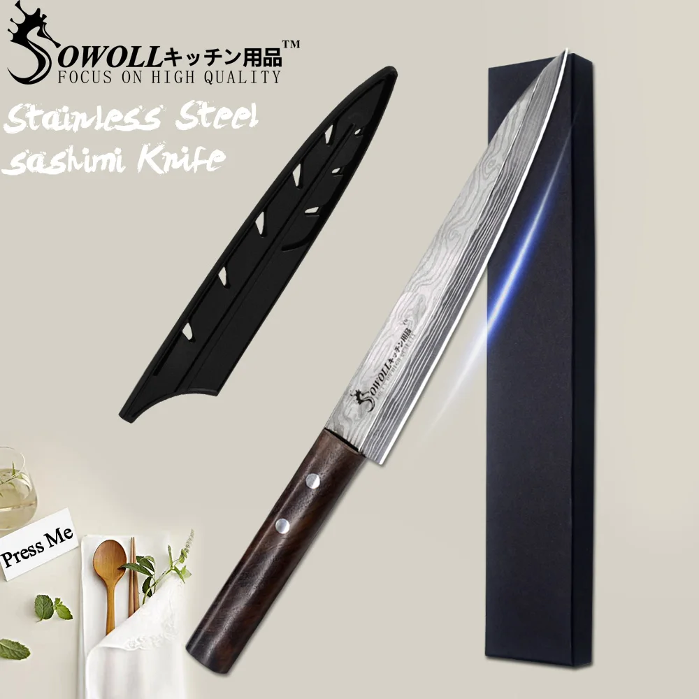 SOWOLL нержавеющая сталь сашими кухонный нож лазерный дамасский нож шеф-повара японский лосось суши мелкий сырой рыбы филе нож