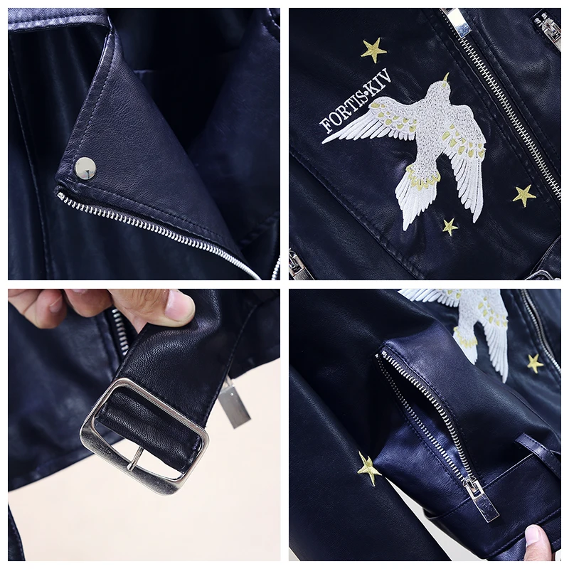 

Locomotive coat women autumn winter new 2020 Korean version thin flying bird star embroidery belt short washed PU leather coat