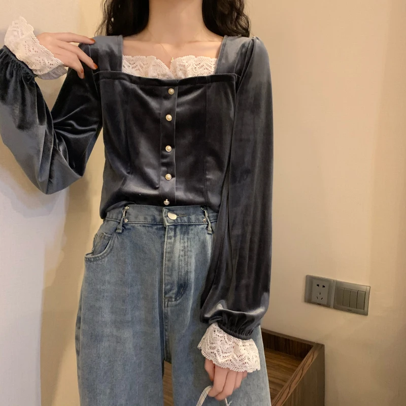 

vintage back velour ladies tops Women's Clothing patchwork lace long sleeve square collar Blouses fashion autumn Shirts hipster