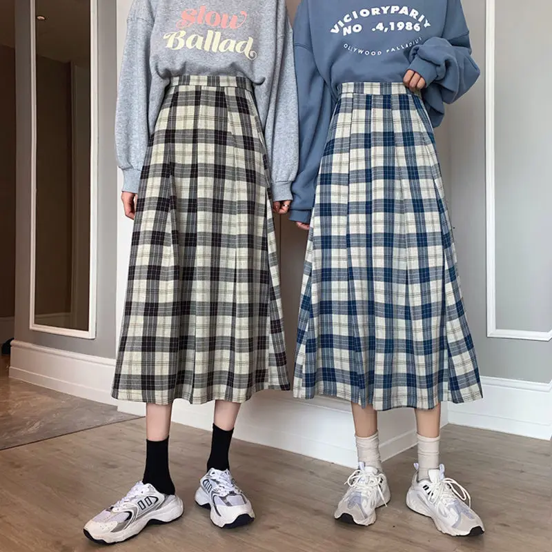 

2021 Spring Summer Women Long skirt A-line Korean style Casual Plaid Fashion Loose All-match student Fashion female skirts