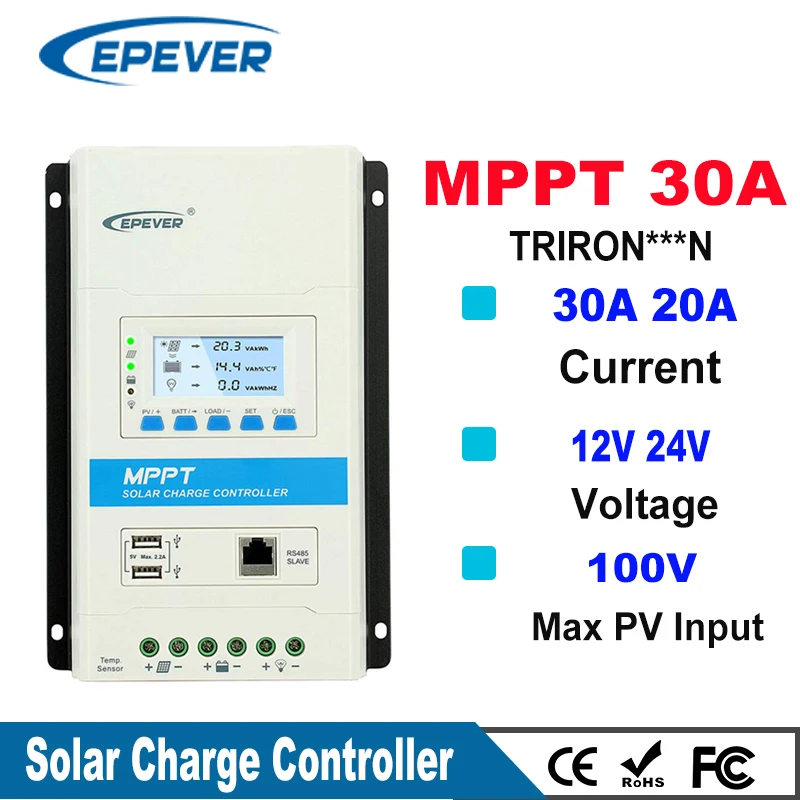 

EPEVER TRIRON MPPT 30A 20A 10A Solar Charge Controller 12V 24V Auto Black-light LCD Modular Solar Regulator Negative Grounding