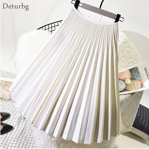 Женская плиссированная юбка, элегантная белая юбка средней длины с эластичным завышенным поясом, черная юбка на осень и зиму, SK398, 2021