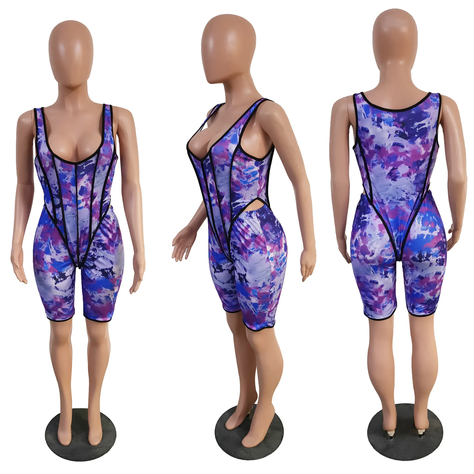 

Women Tie Dye Printed Sexy Two Piece Sexy Suits Sleeveless Bodysuit Rompers and Skinny Shorts Set