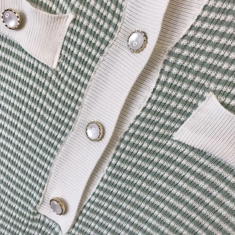 

Elegant Thin Knitted Summer Dress O-neck Patchwork Contrast Color Short Sleeve Single-breasted Dresses for Women Vestidos