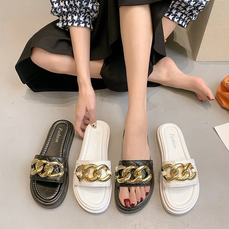 

Female Shoes Loafers Med Ladies' Slippers Platform Summer Clogs Woman 2021 Flat Beach Rubber Rome Microfiber Slides Bonded Leath