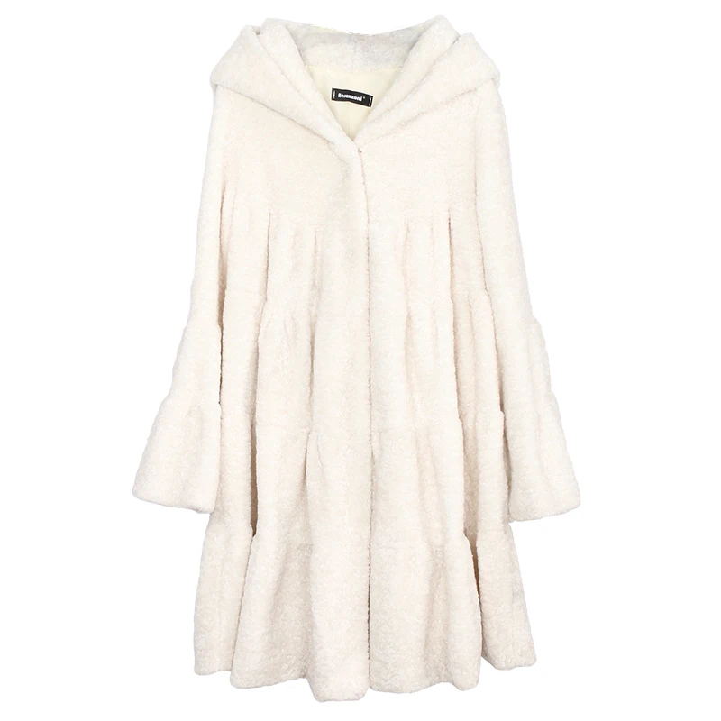 

Nerazzurri Winter Pleated White Faux Karakul Fur Coat Women with Hood Flare Sleeve Warm Soft Fluffy Skirted Korean Fashion 2021