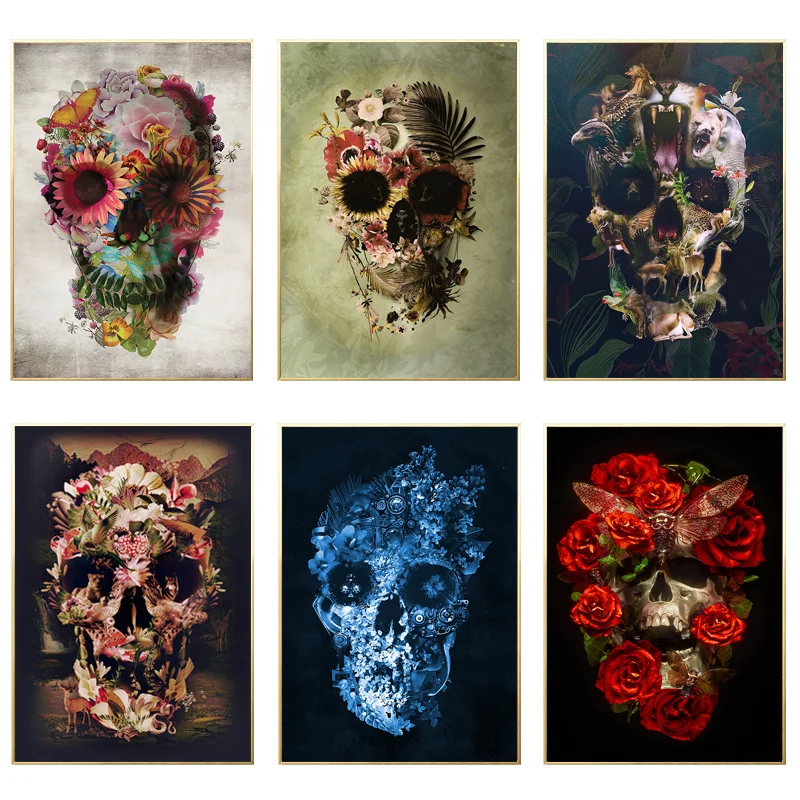 

Abstract Flower Skulls Canvas Paintings Wall Art Red Roses Prints Posters for Living Room Decor Home Decoration Pictures Cuadros