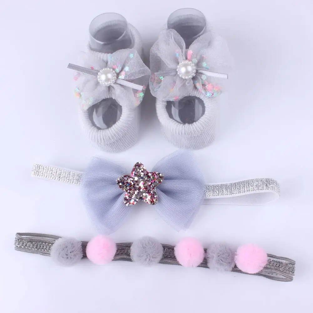 4PCS Baby Headband Socks Set Elastic Bow Crown Hair Band Newborn Infant Lace Flower Cotton Girl Accessories | Детская одежда и