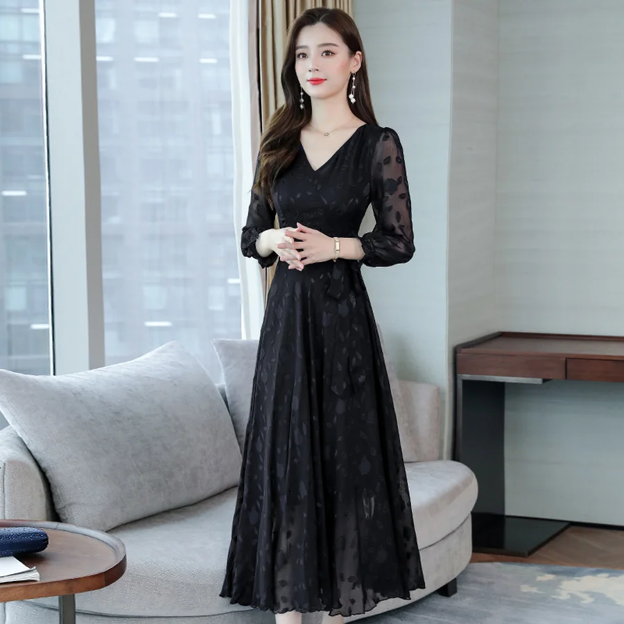 

2021 Autumn Vintage Blue Jacquard Chiffon Beach Long Sleeve Maxi Dress 3XL Plus Size Dresses Women Bodycon Party Classy Vestidos