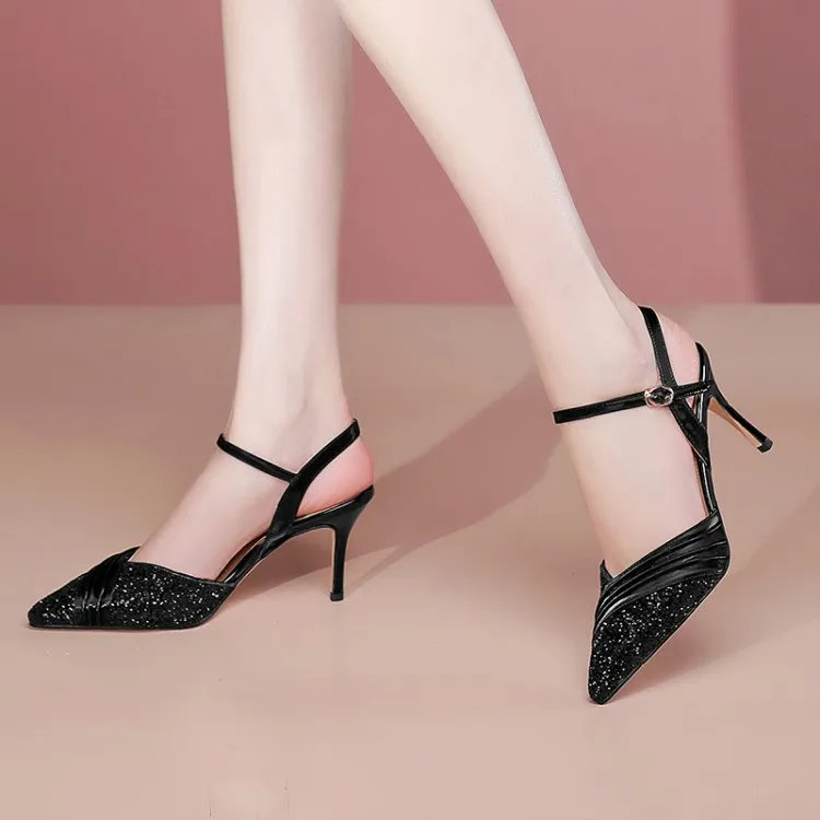 

GPOKHDS 2021 Women Sandals Soft Cow leather Autumn Spring Black Color Buckle Strap Bling Bling Pointed toe High Heels Sandals