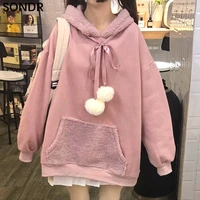 japanese soft girl loose rabbit ears hooded lamb velvet pullover sweatshirt female autumn winter students casual all match tops