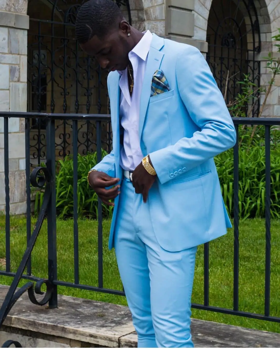 

Chic Sky Blue Slim Mens Blazer 2 Piece Beach Groomsmen Wedding Tuxedos For Party Formal Prom (Jacket+Pants) Business Suit
